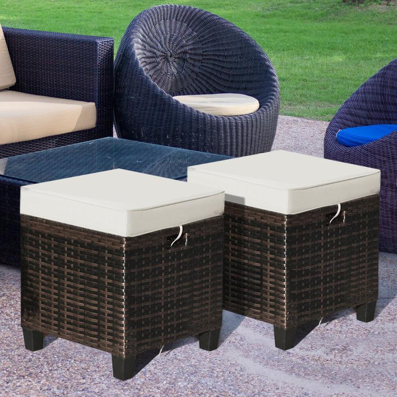 2 Pieces Furniture Patio Rattan Ottoman Set with Removable Cushions