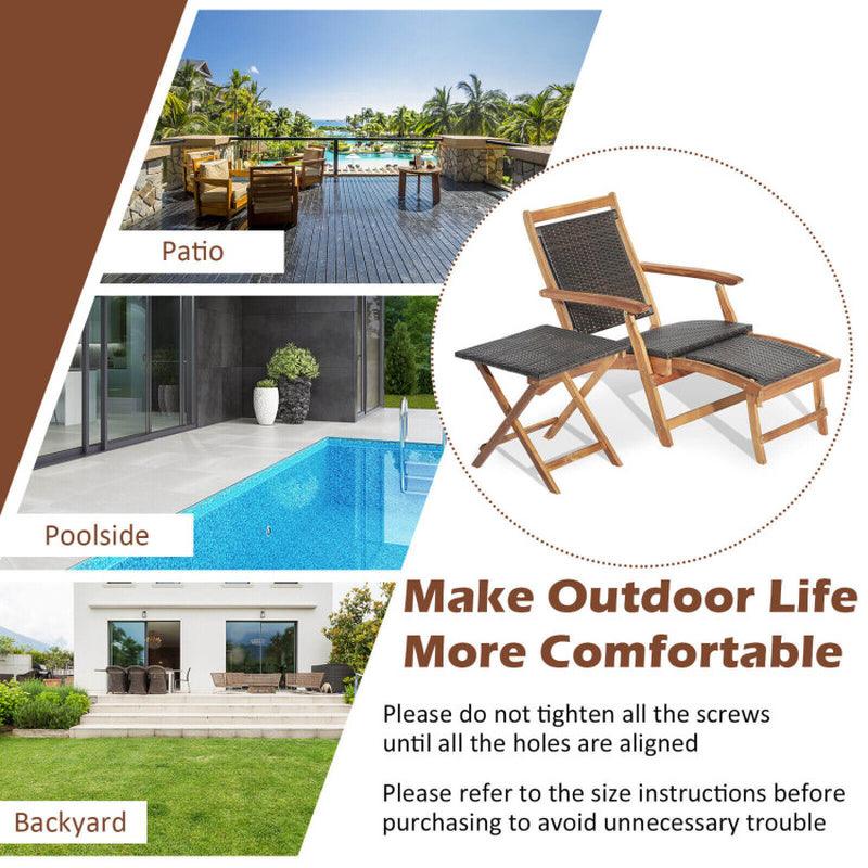 2 Pieces Patio Rattan Folding Lounge Chair with Acacia Wood Table