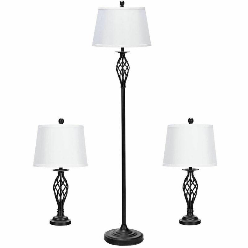 2 Table Lamps 1 Floor Lamp Set with Fabric Shades Decor Steel