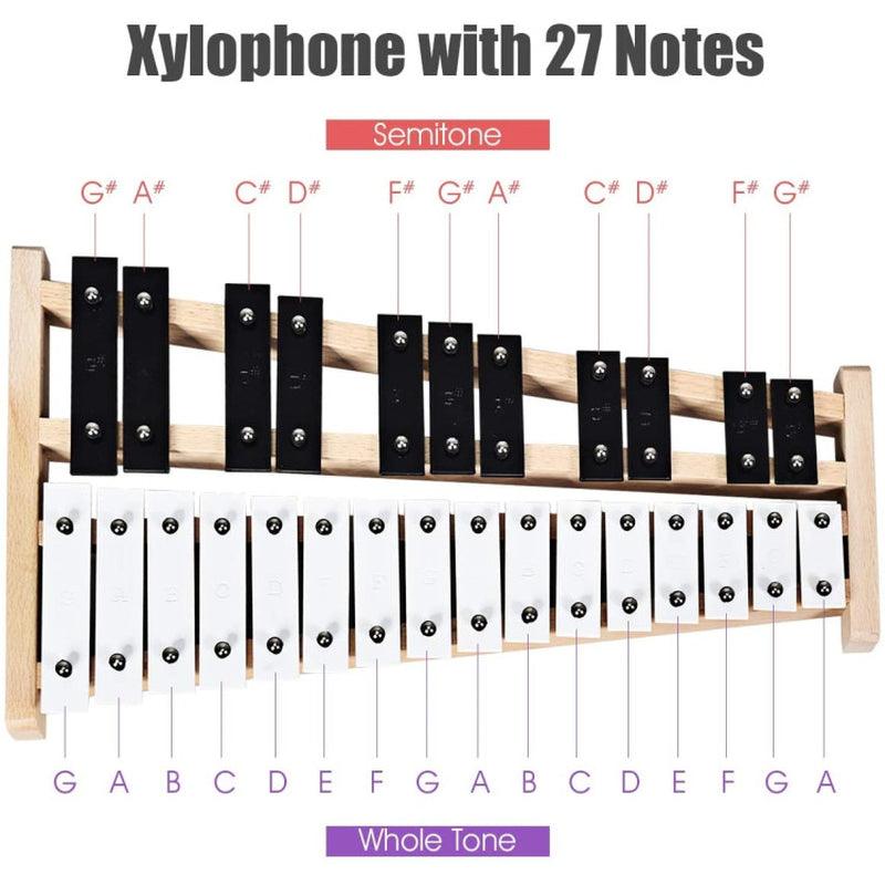 27 Note Glockenspiel Xylophone with 2 Rubber Mallets Aluminum Wood