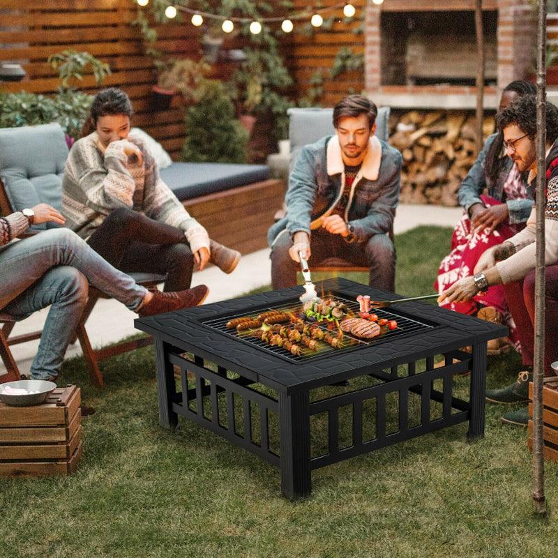 32 Inch 3 in 1 Outdoor Square Fire Pit Table with BBQ Grill and Rain Cover for Camping