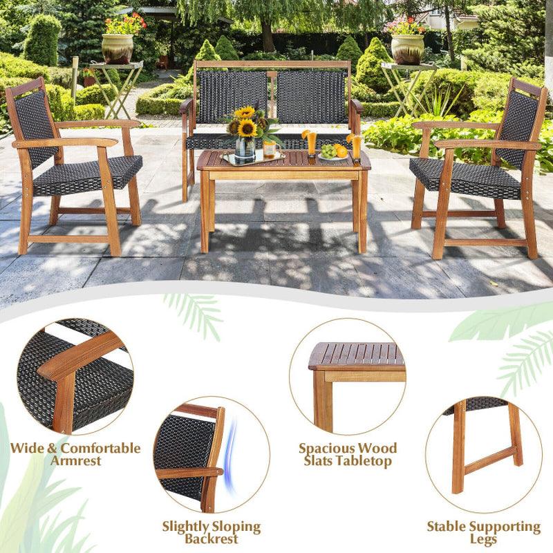 4 Pieces Outdoor Patio Rattan Furniture Sofa Set with Acacia Wood Frame