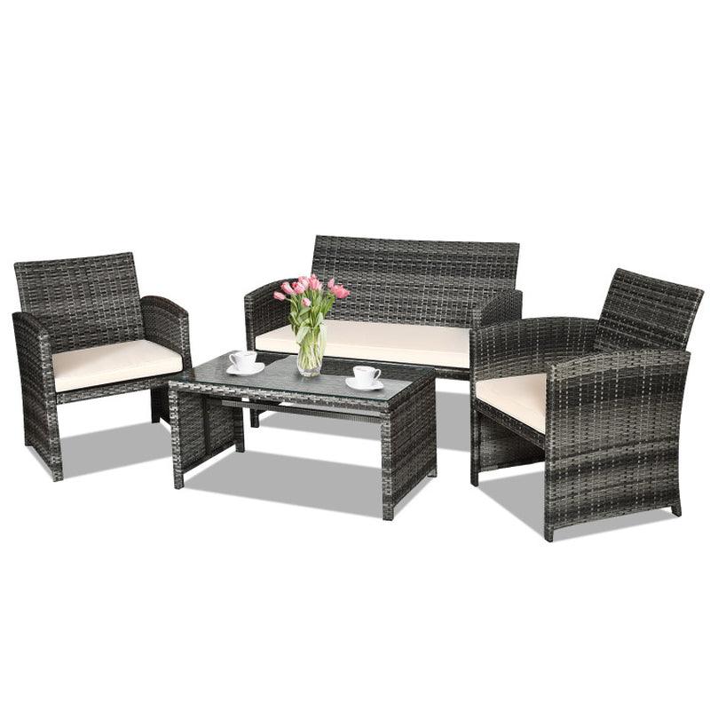 4 Pieces Patio Rattan Outdoor Furniture Set with Glass Table and Loveseat