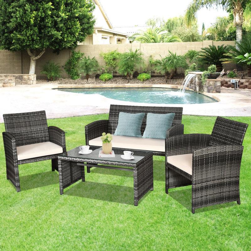 4 Pieces Patio Rattan Outdoor Furniture Set with Glass Table and Loveseat