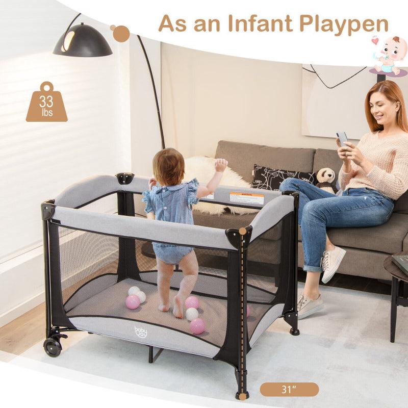 5-In-1 Portable Baby Playard with Cradle and Storage Basket Black Grey