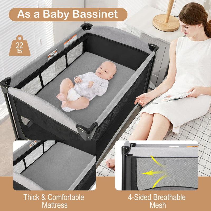 5-In-1 Portable Baby Playard with Cradle and Storage Basket Black Grey
