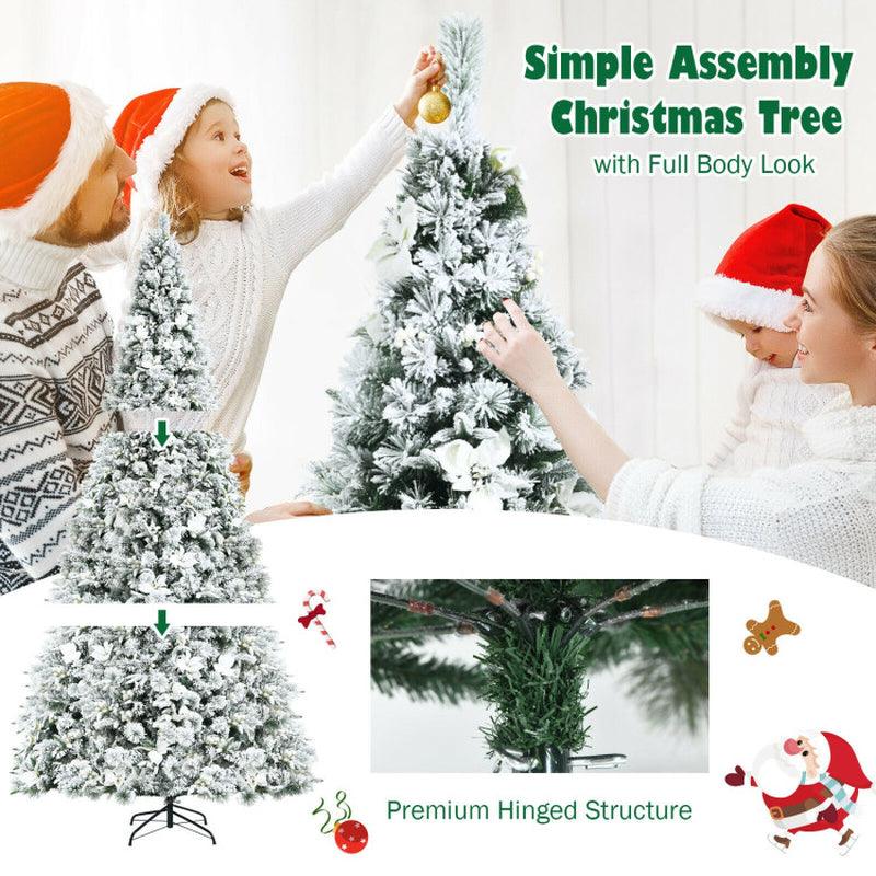 8 Feet Snow Flocked Hinged Christmas Tree with Berries & Poinsettia Flowers