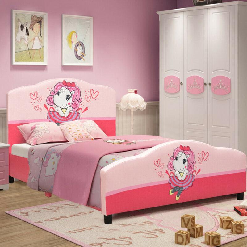 Kids Children Upholstered Platform Toddler Girl Pattern Bed Furniture Pink