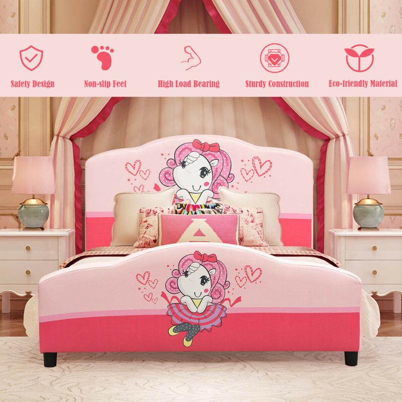 Kids Children Upholstered Platform Toddler Girl Pattern Bed Furniture Pink