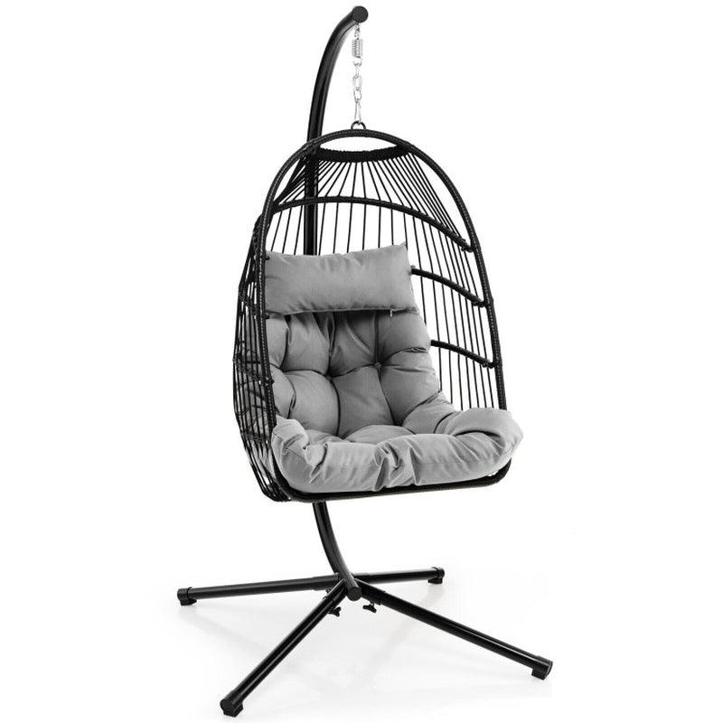 Patio Hanging Egg Chair with Stand Waterproof Cover and Folding Basket