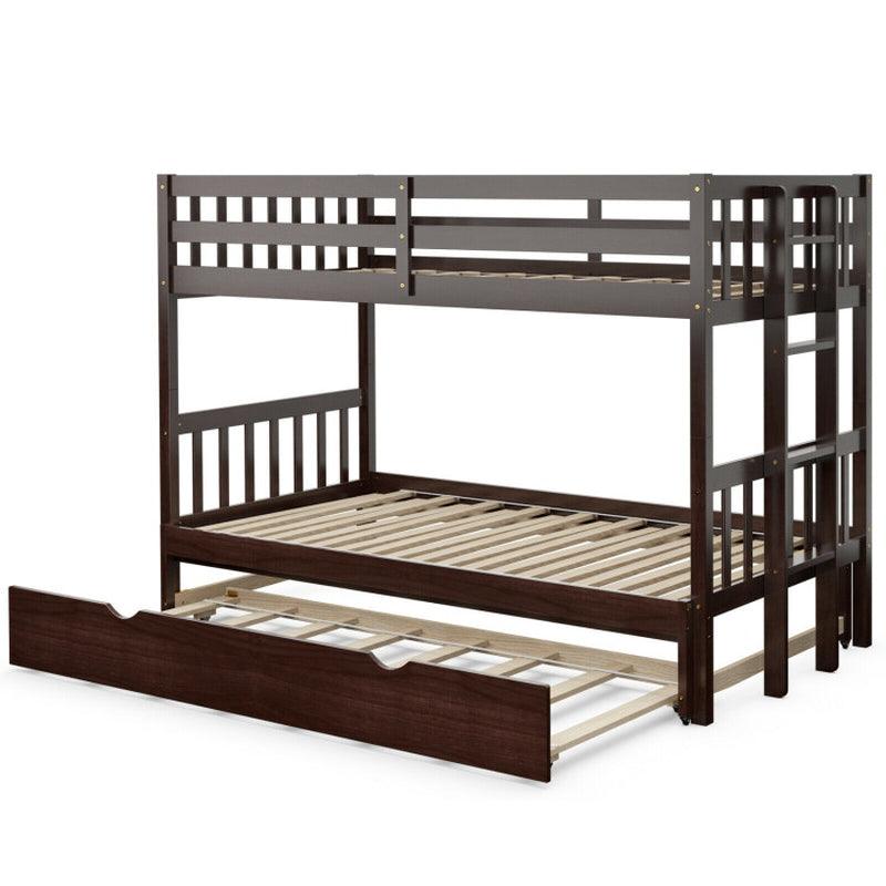 Twin Pull-Out Bunk Bed with Trundle Wooden Ladder Dark Brown/white Wood PB