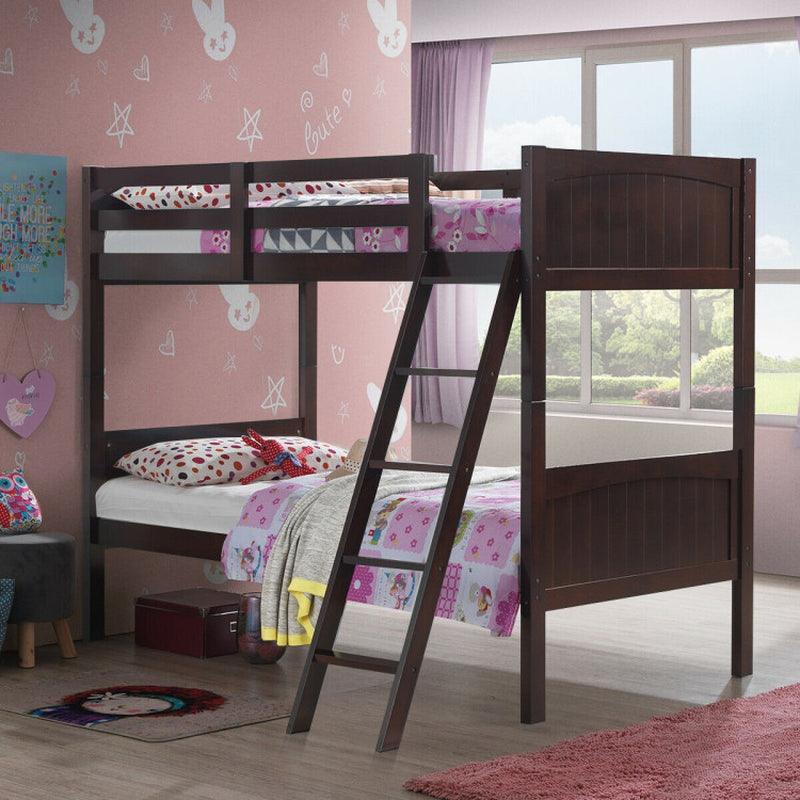 Wooden Twin over Twin Bunk Beds with Ladder and Safety Rail Espresso / White