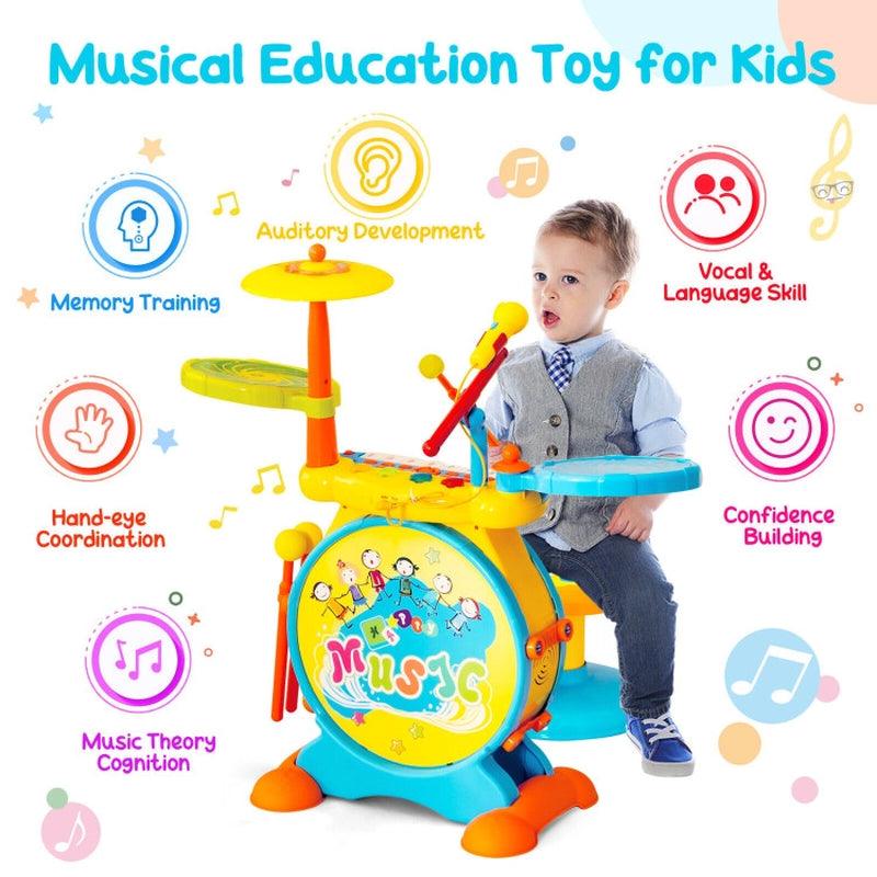 2-In-1 Kids Electronic Drum and Keyboard Set with Stool