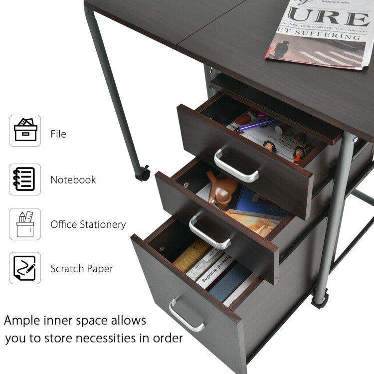 Home Office Folding Computer Laptop Desk Wheeled with 3 Drawers