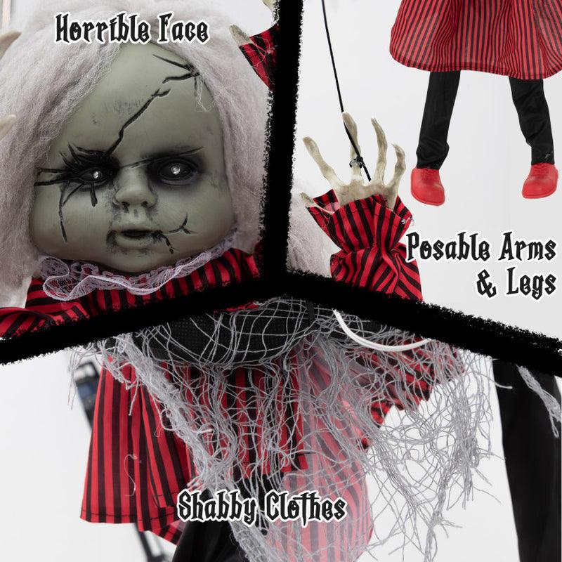 2.8 FT Halloween Animated Creepy Doll on a Swing with Pre-Recorded Phrases and LED Glowing Eyes
