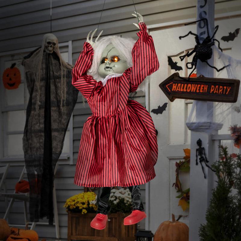 2.8 FT Halloween Animated Creepy Doll on a Swing with Pre-Recorded Phrases and LED Glowing Eyes