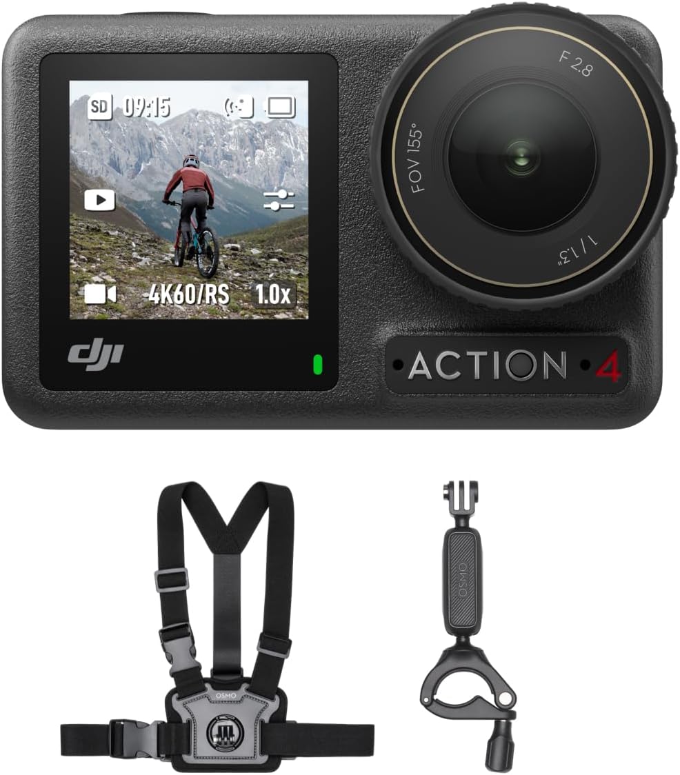 Osmo Action 4 Adventure Combo - 4K/120Fps Waterproof Action Camera with a 1/1.3-Inch Sensor, 10-Bit & D-Log M Color Performance, up to 7.5 H with 3 Batteries, Outdoor Camera for Travel, Biking