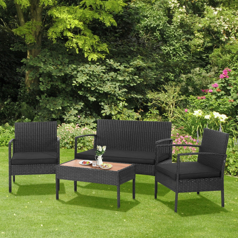 4 Pieces Patio Rattan Cushioned Furniture Set with Wooden Tabletop