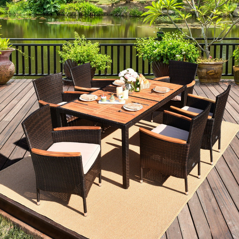 7 Pieces Garden Dining Patio Rattan Set with Cushions for Backyard