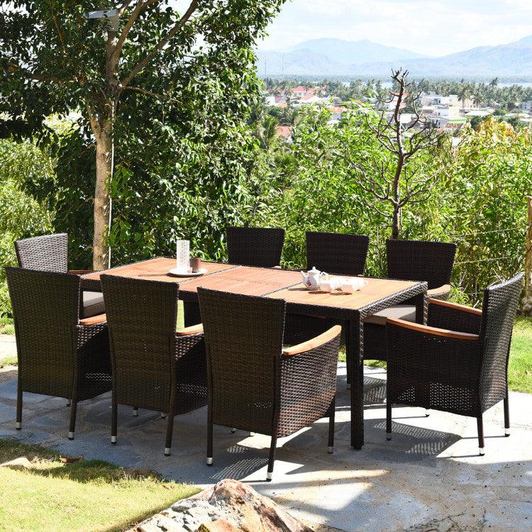 9 Pieces Rattan Dining Set with Acacia Wood Table and Stackable Cushioned Chairs