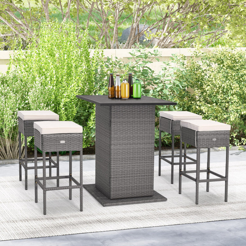 5 Pieces Outdoor Wicker Bar Table Set with Hidden Storage Shelves-White