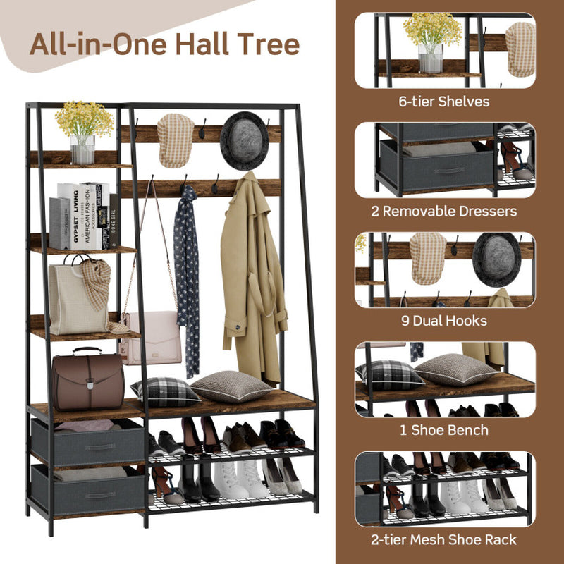 6-In-1 Freestanding Hall Tree Coat Rack with Bench and Fabric Dressers