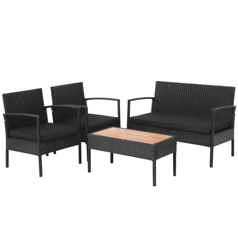 4 Pieces Patio Rattan Cushioned Furniture Set with Wooden Tabletop