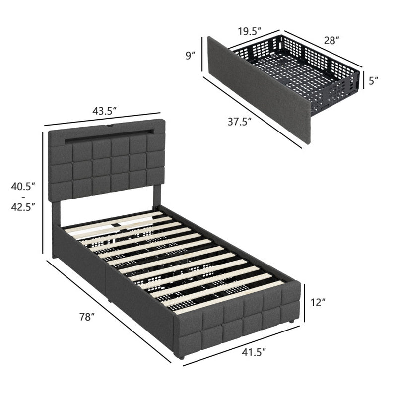 Upholstered LED Bed Frame with Headboard and 4 Drawers