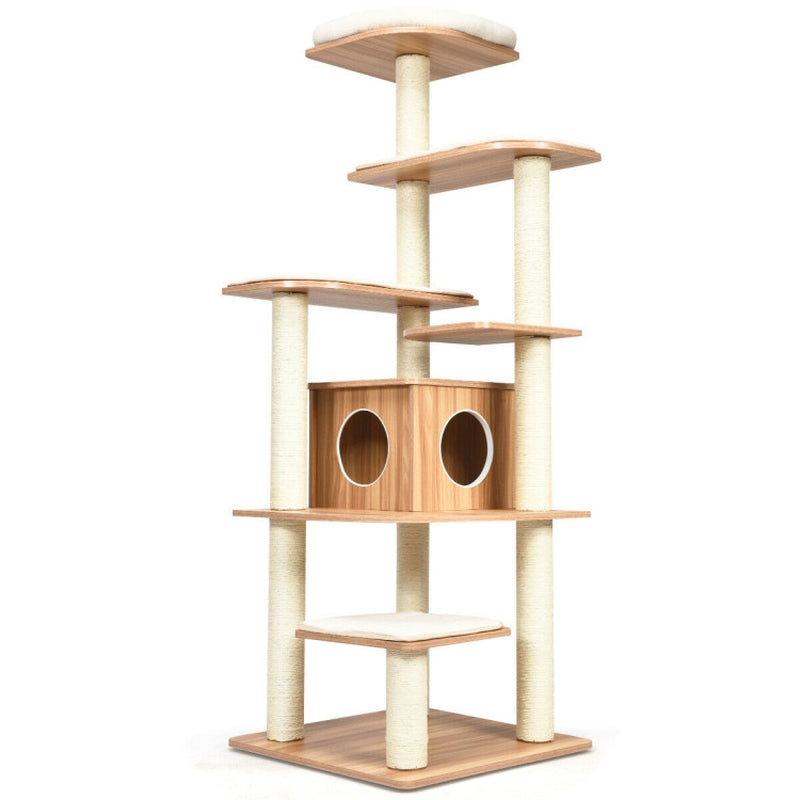7-Layer Wooden Cat Tree Tall Cat Tower with Sisal Posts and Condo
